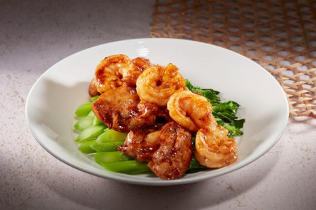 Jiè Lán Chuān Jiāo Lóng Fèng Qiú Sautéed Chicken Prawns With Chinese Kale In Chiujew Sauce