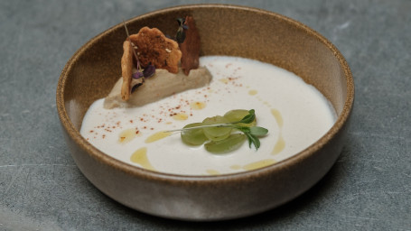 Ajo Blanco Cold Soup, Vegetable Tarama With White Aubergine And Bread Crisps