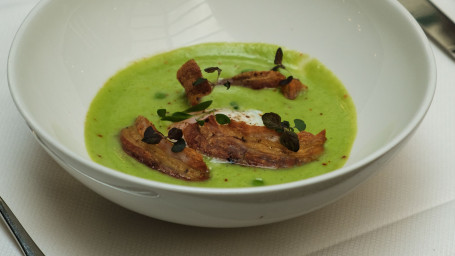 Cream Of Fresh Pea Soup, Perfect Egg And Pork Belly Crisps